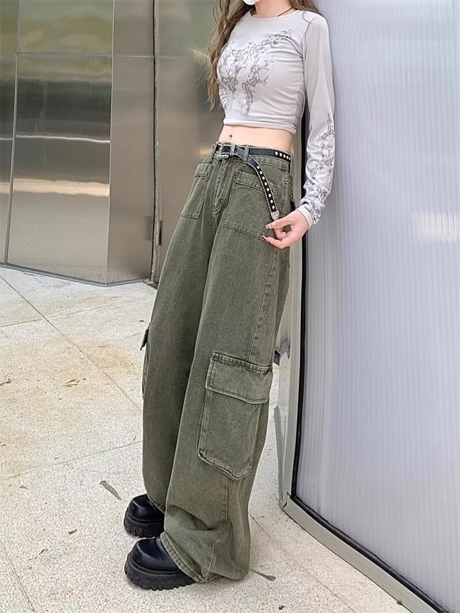 Extra Large Size Army Green 2026 New High-Waisted Slimming Casual Cargo Pants Loose Hip-Covering Straight-Leg Jeans