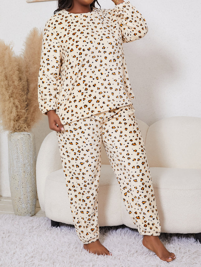 Foreign trade wholesale plus size pajamas leopard flannel pajamas two-piece set warm pullover round neck temu Xiyin cross-border