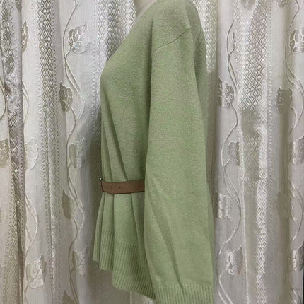 Ruohan with light green V-neck long sleeve sweater women's 2025 new design feeling lazy wind loose sweater