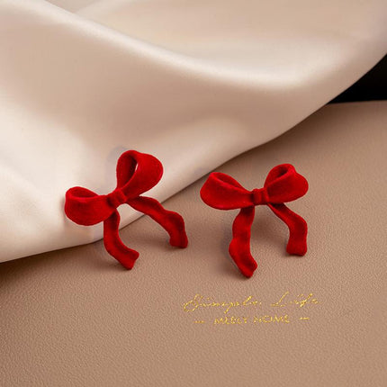 925 Silver New Wine Red Flocking Earrings Elegant Atmosphere Bow Rose New Year Spring Festival Chinese Style Earrings