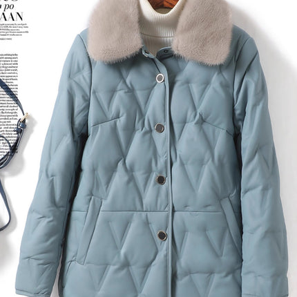 Women's Regular down Jacket with Mink Collar, Korean Style, Genuine Sheepskin, 2025 New Model, White Duck down Coat, Women's Leather Jacket