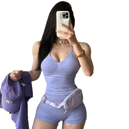 Two-piece Hanging Neck Beauty Back Yoga DF Sports Vest European and American Ass Shorts Training Peach Fitness Clothing Women's Suit