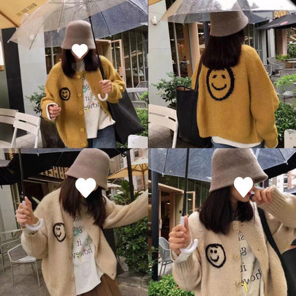 Designed Embroidered Soft and Super Loose Double-Sided Smiley Face Round Neck Sweater Cardigan Winter Korean Fashion Versatile