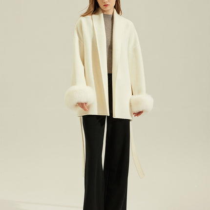 2025 Autumn and Winter Wool Double-Sided Woolen Outwear Woolen Short Fox Fur Petite Outwear Women's Mulberry Silk Jacket