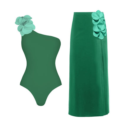 2025 Cross-Border European and American Swimwear New 3D Flower Tube Top Fresh Green One-Piece Swimsuit Wrap Skirt Suit for Women 25316