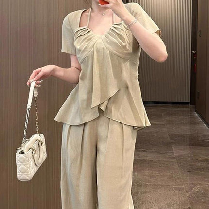 Giant Skinny Pear-Shaped Figure suit plus size Summer chubby girl suit Short-Sleeved Shirt Pants Two-Piece Set for Women
