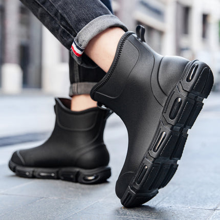 Trendy British Black Rain Boots, Rubber Shoes, Wading Short Boots, Contrasting Black and Red Chinese Style Shoes, Non-Slip and Waterproof Men's Short Boots
