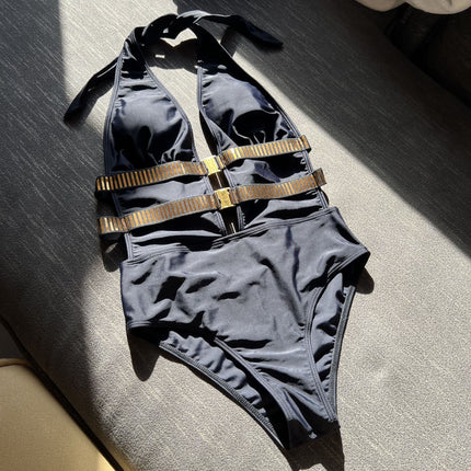 2025 European and American New Sexy Leaky Back Webbing One-Piece Swimsuit Bikini Bikini Cross-Border Amazon