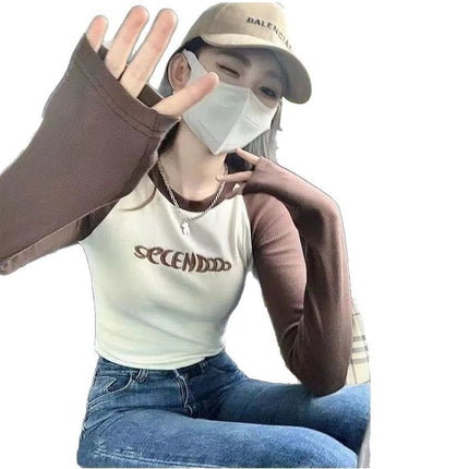 Women's Long-Sleeve T-Shirt with Regular Shoulders, 2026 Autumn New Style, Color-Blocking, Slim-Fit, Short Top, Autumn Trend