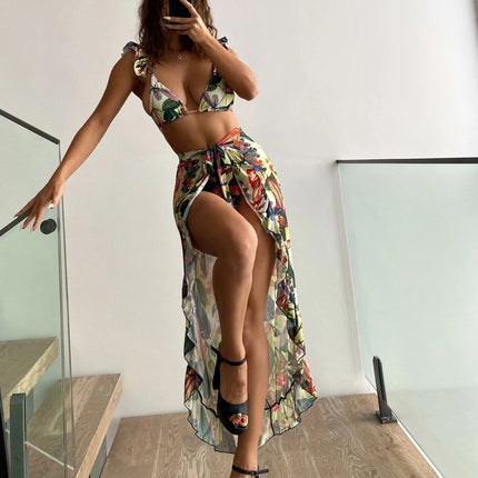 Women's AliExpress BIKINI Sexy Butterfly Side Sun Screen Mesh Split Three-piece Long Dress Beach Swimsuit