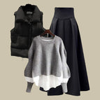 Gray sweater + black skirt two-piece set / M 40-50kg