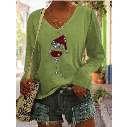 2023 European and American Amazon independent station wish autumn and winter new hot selling women's printed V-neck long sleeve loose T-shirt for women