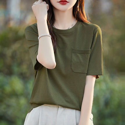 24 New Summer ShorT-sleeved T-shirT Women's Round Neck Pullover Simple Half-sleeved T-shirT Fine ImiTaTion Wool KniTTed Top Loose