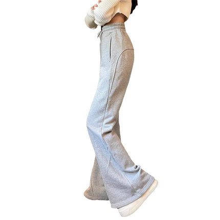 Horn Sweatpants Women's Fleece-lined Pants 2024 Autumn and Winter New Sports Pants Thickened High Waist Grey Fashion Casual Pants