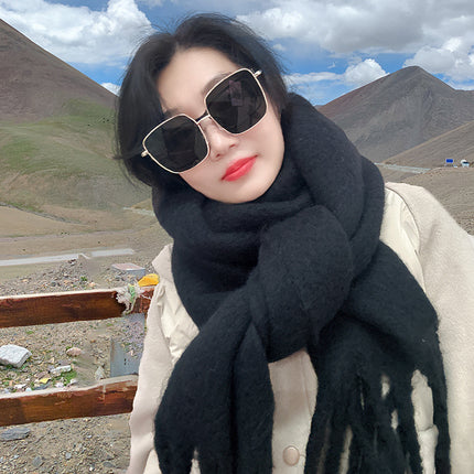 Mohair cold-proof brushed thickened Korean style solid color scarf scarf women's autumn and winter neck protection warm big tassel New