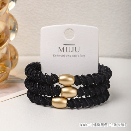 3-Pack of Premium Elastic Hair Bands with Gold Beads, Thick and High-Elastic Braided Hair Ties, Simple High Ponytail Hair Ties