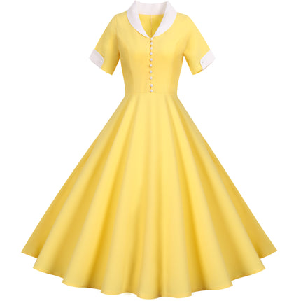 Cross-border Foreign Trade Retro Hepburn Style European and American Summer New Short-sleeved Suit Collar Solid Color Casual Large dress