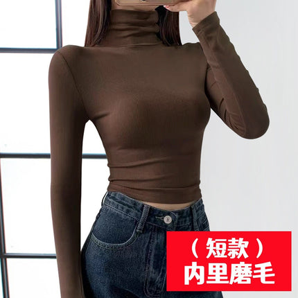 Autumn and Winter Sanding Short High Neck Long Sleeve T-shirt Women's Design High Waist Navel Backing Shirt Tight Black Top