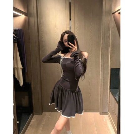 Ballet Style Sexy One-Shoulder Dress for Women Autum Bow Waist A-Line Skirt Elegant Short Skirt