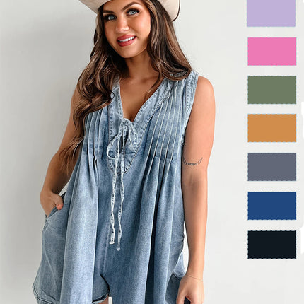 2025 European and American Cross-Border Summer New Products: Street Fashion Sleeveless Short-Sleeve Denim Jumpsuit 9025