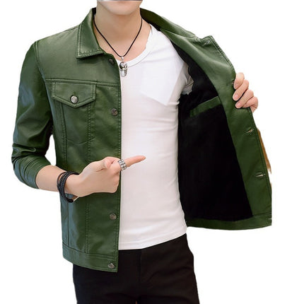 Men's lapel leather coat Korean-style trendy slim-fit motorcycle green thin leather jacket trendy autumn and winter workwear coat for men