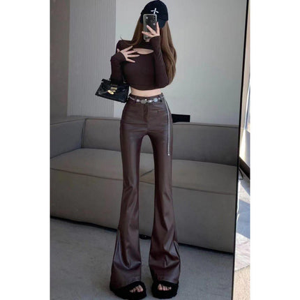 Cross-border Maillard wear retro pu leather pants women's autumn and winter new fashion chain high waist slimming casual pants
