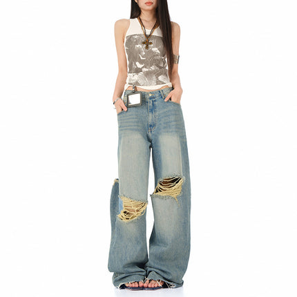 Raccoon House # 2025 Summer New Ripped Jeans Women's American Retro High Waist Loose High Street Drape Straight Pants