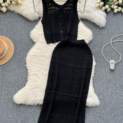Korean Style Outfit with Elegant and Light Hollow Knitted Cardigan Vest and High-Waisted Half Skirt Holiday Style Two-Piece Set