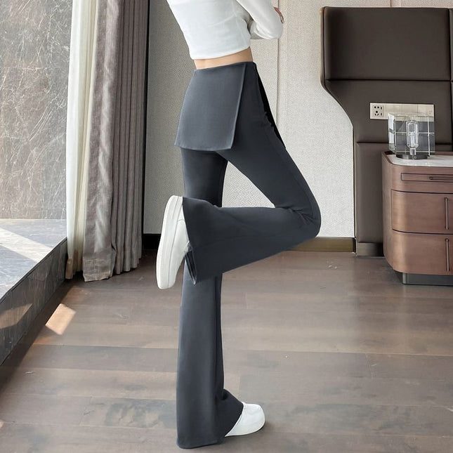 Fake Two-Piece Flared Wide-Leg Skirt Pants for Women, Spring 2026 New Style, Dark Gray Layered Sweatpants, High-Waisted Pants