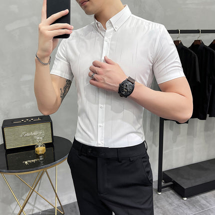Foreign trade wholesale new men's meteor shower printing short sleeve shirt slim fashion British business casual shirt