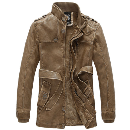 Amazon Foreign Trade European and American Fur One Long Pu Leather Jacket Personalized Washed Men's Motorcycle Leather Jacket