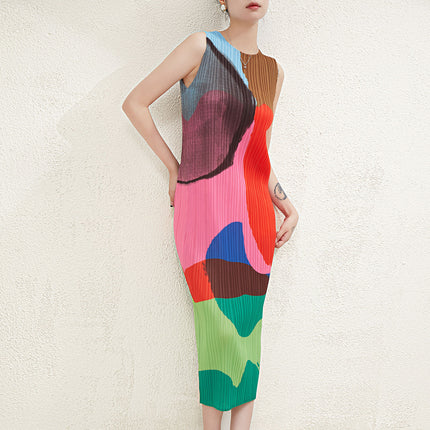 Pleated Elegant Suit for Women Miyake Print Japanese Loose Top High Waist Elastic Wide Leg Straight Pants Two-Piece Set