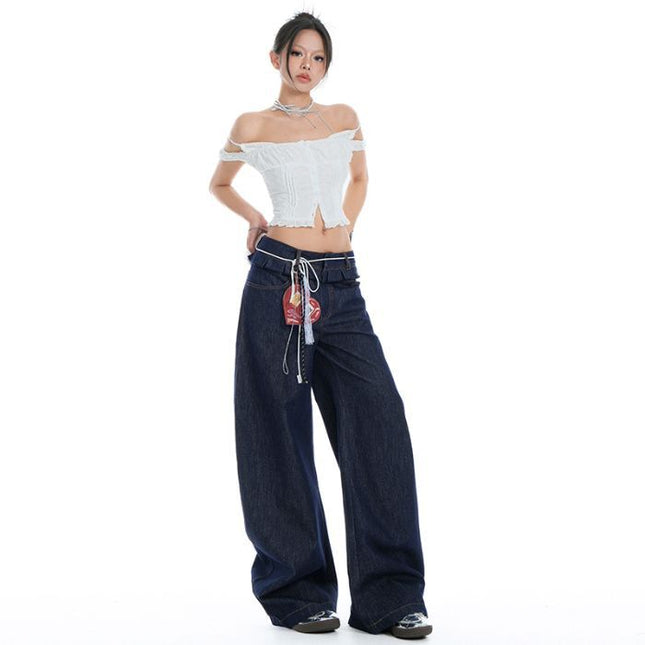 Spring 2025 New Arrival Ear-rimmed Double Waist American Style Spice Scimitar Pants Design Washed Slim Look Jeans Women