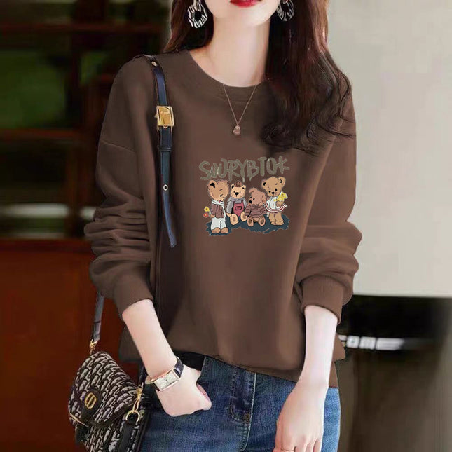 Autumn and Winter All-match Cotton Crewneck Sweater New Casual Printed Cartoon fleece-lined Thickened Base Top for Men and Women