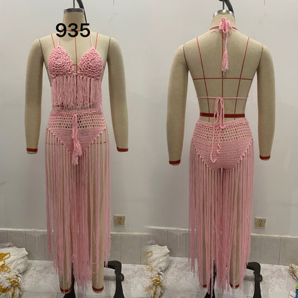 Crocheted Bikini Swimsuit Set, Sexy Strappy Elegant, Cut Out Crochet Tassel Hem Beach Cover-Up Set