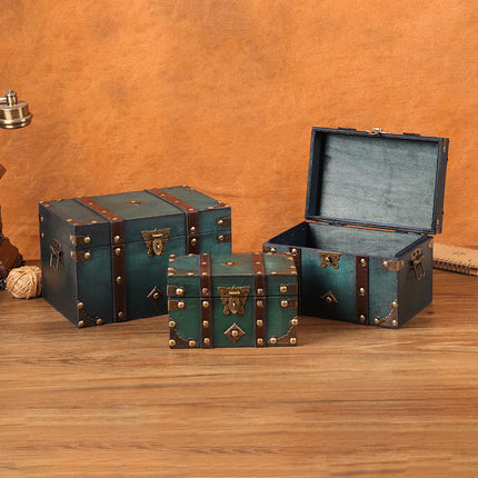 European Retro Wooden Storage Box with Lock Chinese Antique Emerald Square Jewelry Box Photography Props Treasure Box