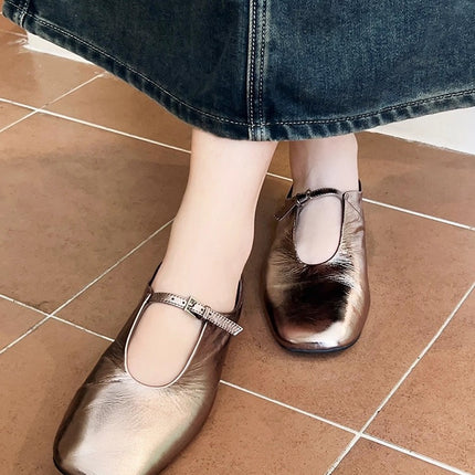 Mary Jane Flats Shoes for Women, Square Toe Light Mirror Shoes, Cow Leather Pleated Texture Square Toe French Literary Granny Shoes