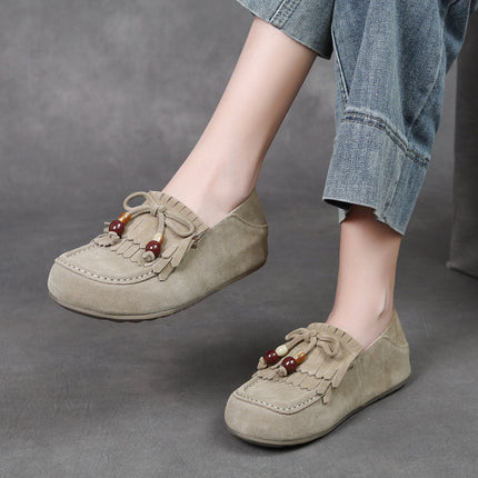 Jishu 25 Autumn New Retro Beaded Tassel Flats with Increased Height Loafers Genuine Leather Lazy Flats for Women That Can Be Worn in Two Ways