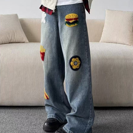 American Retro Niche Creative Burger Fries Towel Embroidered Jeans Men's Street Fashion Brand Loose Casual Long Pants
