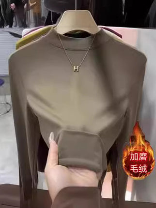 2025 Autumn and Winter New Style Plus Brushed Inner Small Stand-Up Collar Pure Color Simple Versatile Slimming Look Half Turtleneck Bottoming T-Shirt for Women