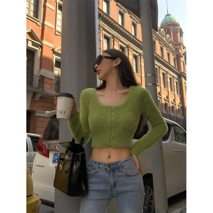 Korean style hot girl sexy slimming furry sweater sweater women's pure desire hot girl sexy gentle short soft glutinous top