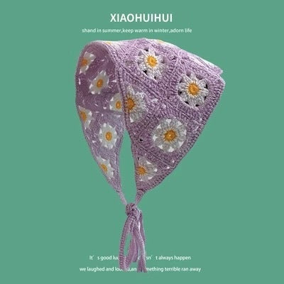 Hot Girl Internet Celebrant Photo Flower French Style Triangle Scarf Headscarf Women's Cute Knitted Hair Band Silk Scarf High-grade Headwear Summer