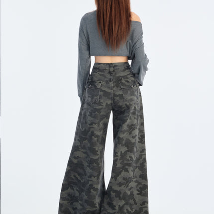 American Grey Overalls Wide Leg Camouflage Jeans 2025 Spring New Women's High Waist Loose Slimming Straight Leg Pants