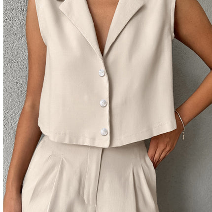 2026 Summer Fashion Business Suit European and American Style Khaki Cotton Linen Sleeveless Blazer Vest and Long Pants Two-Piece Women's Set