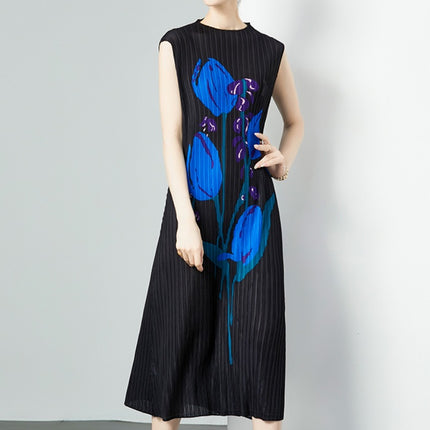 In Stock Miyake Dress Printed Elegant Elegant High-End Loose Slimming Look Elegant Round Neck Sleeveless Pleated Skirt