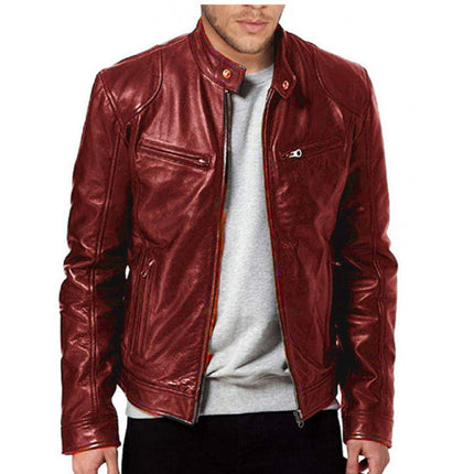 2022 Autumn/Winter New Men's Zipper Cardigan Pocket Pu Leather Stand Collar Slim Fit Motorcycle Leather Jacket Coat
