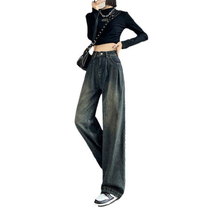 fleece-lined Thickened Cement Grey Wide Leg Jeans Women's High Waist Wrinkled Autumn and Winter Retro Loose Casual Floor Trousers