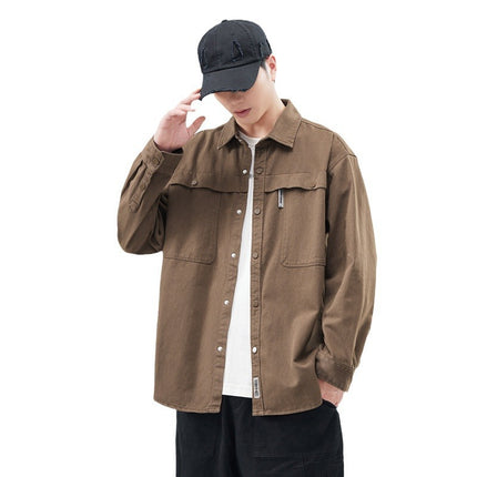 Heavy Wash Cotton Japanese Style Retro Fashional Brand Loose Casual Shirt Jacket Brown in stock Single Square Collar
