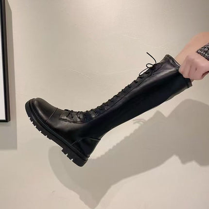 Knight Boots Women's 25 Autumn and Winter New Versatile Elastic Slim Boots Lace-Up High Boots Flats Bottom No-Knee Boots
