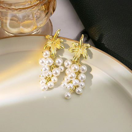 S925 Silver Needle French Retro Pearl Earrings Chinese Style Long Grape Tassel Accessible Luxury High-End Niche Earrings for Women